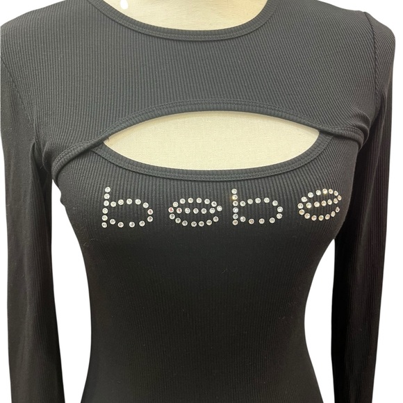 Bebe Black Cutout Rhinestone Bodycon Midi Dress Long Sleeve Size S - Picture 3 of 10